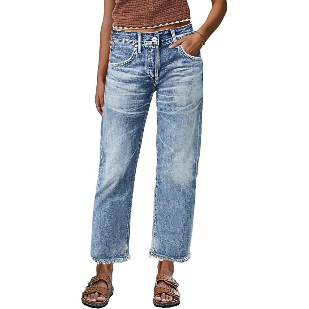 Straight Leg Crop Jeans Women Mid Rise Denim Edgy Raw Hem Street Style